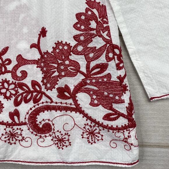 Max Studio Embroidered Peasant Blouse XS White Red Floral 100% Cotton 3/4 Slv - Picture 4 of 9